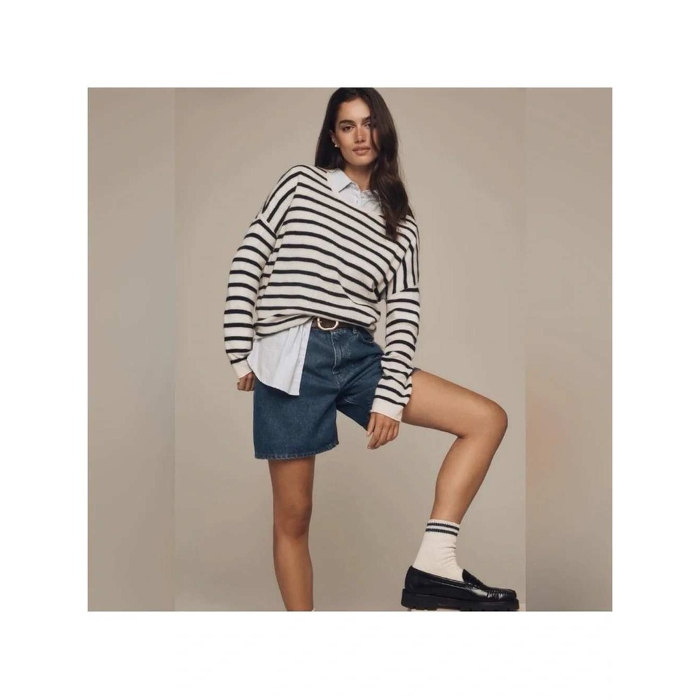 Maeve Anthropologie Cashmere Striped Relax Pullover Sweater sz M Navy Blue Cream